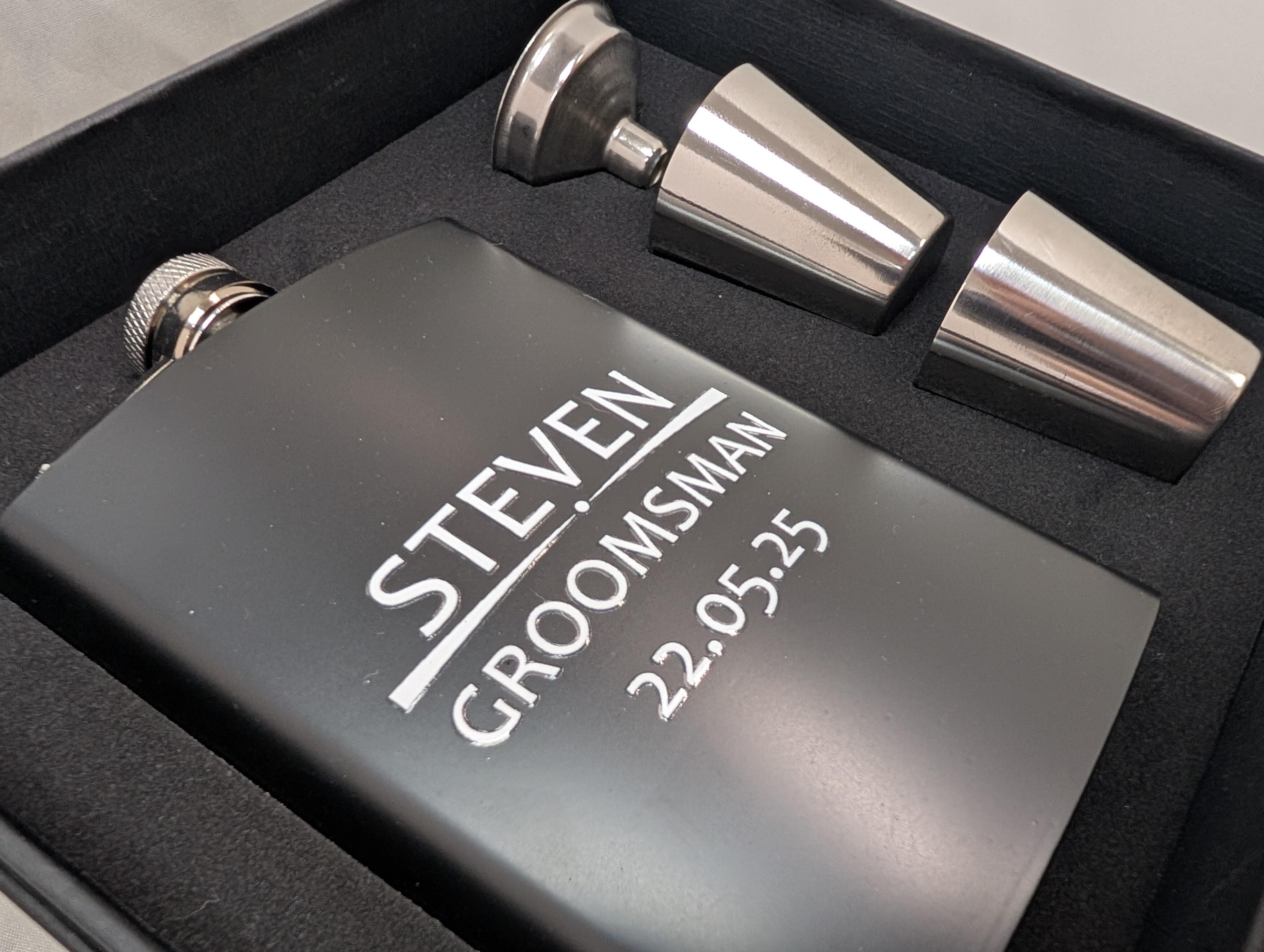 personalised hip flask black in gift box