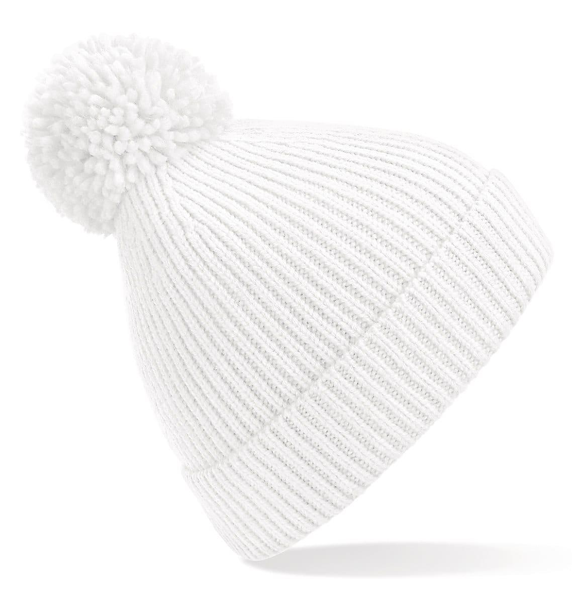 Beechfield Knit Ribbed Pom Pom Beanie Hat in White (Product Code: B382)
