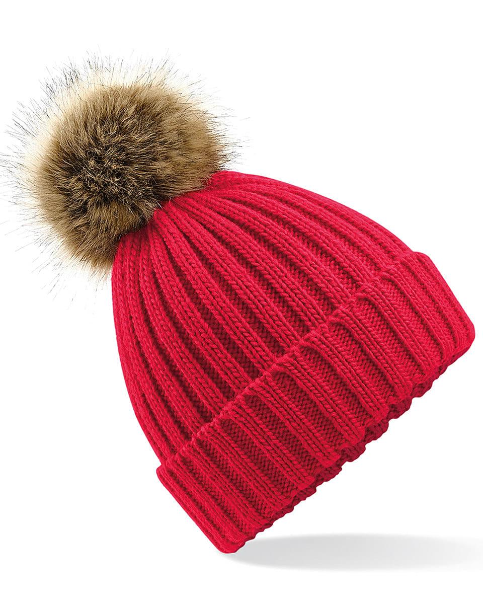 Beechfield Fur Pop Pom Chunky Beanie Hat in Classic Red (Product Code: B412)