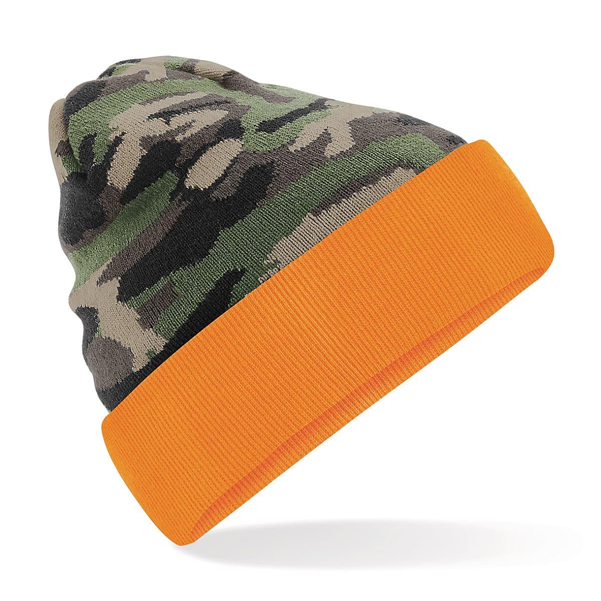 Beechfield Camo Cuffed Beanie Hat in Jungle Camo / Orange (Product Code: B419)
