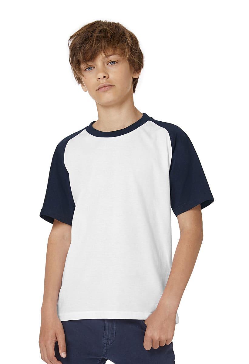 B&C Kids Short-Sleeve Baseball T-Shirt in White / Navy (Product Code: TK350)