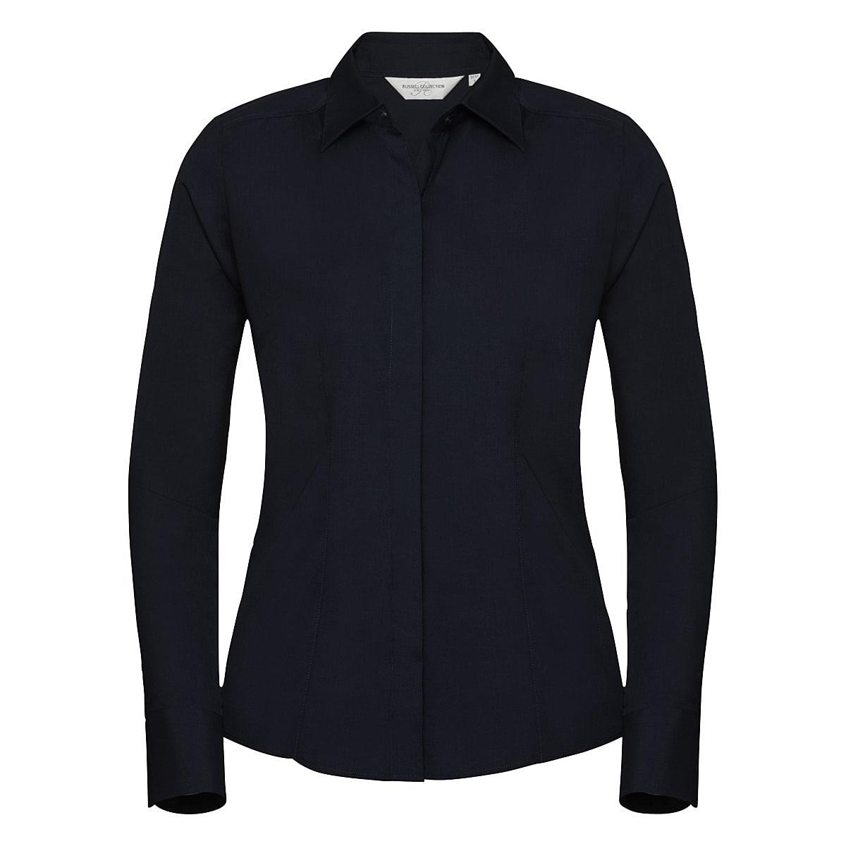 Russell Collection Womens Long-Sleeve Poly-Cotton Easy Care Fitted Poplin Shirt in French Navy (Product Code: 924F)