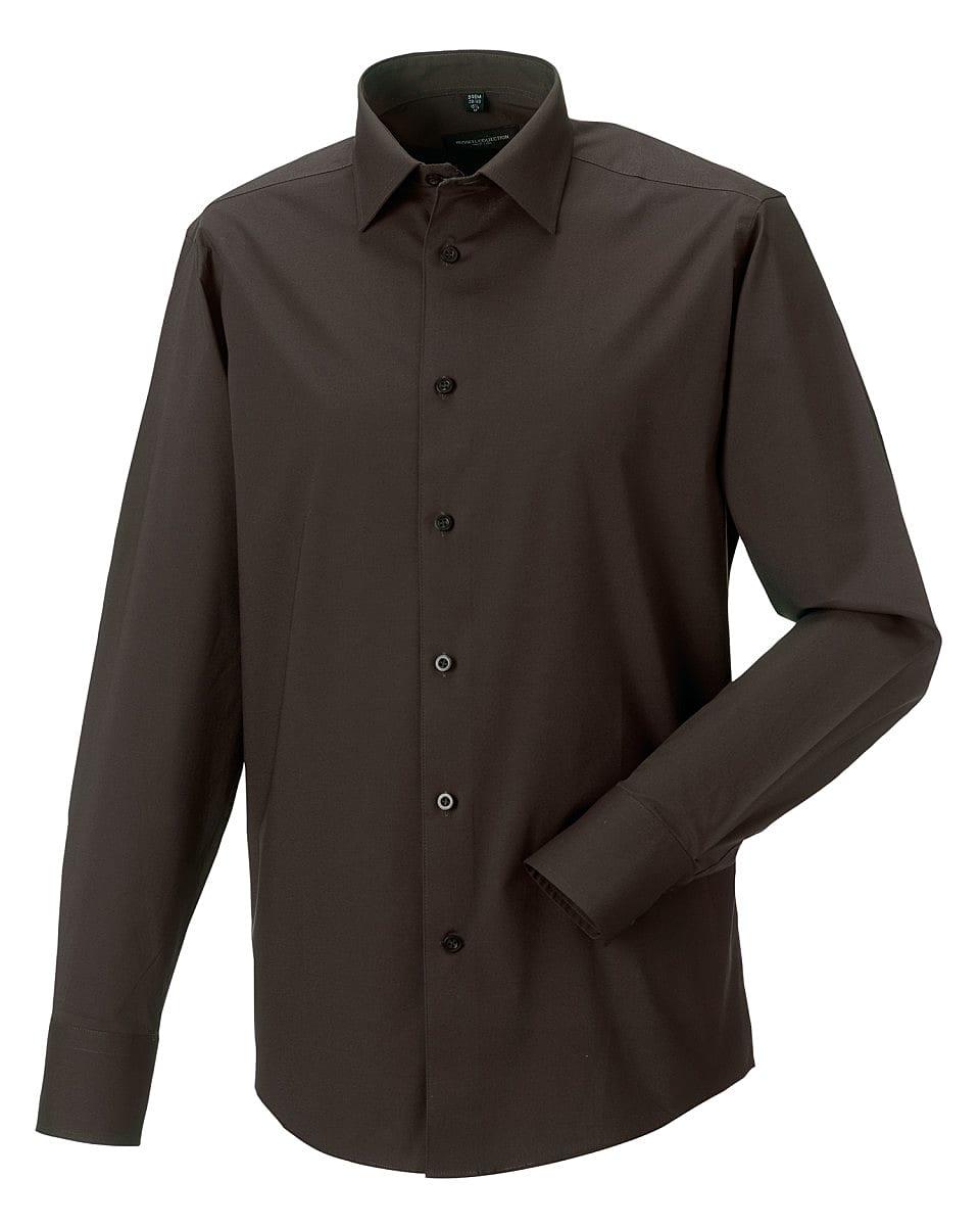 Russell Collection Mens Long-Sleeve Easy Care Fitted Shirt in Chocolate (Product Code: 946M)