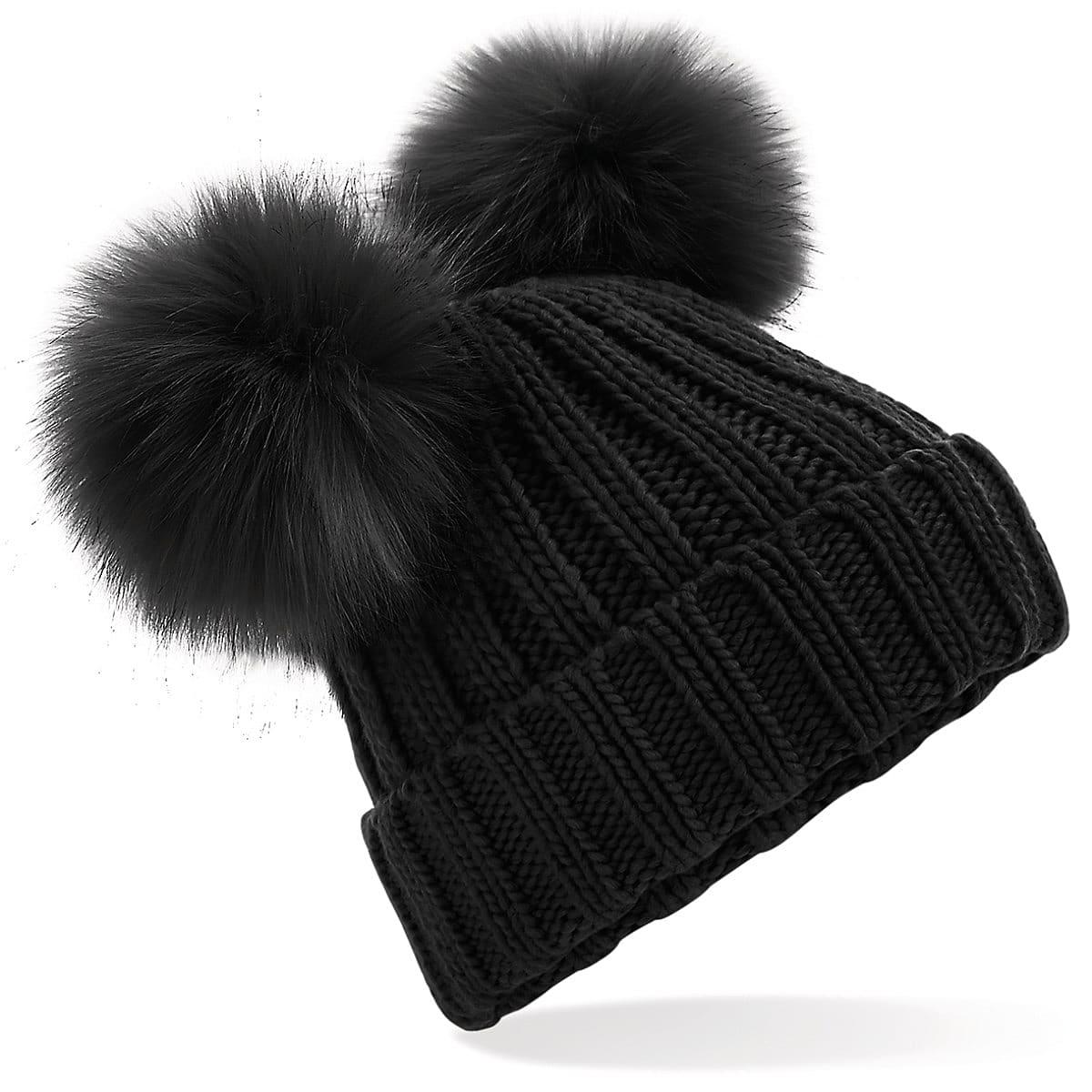 Beechfield FauxFur Double Pop Pom Beanie Hat in Black (Product Code: B414)
