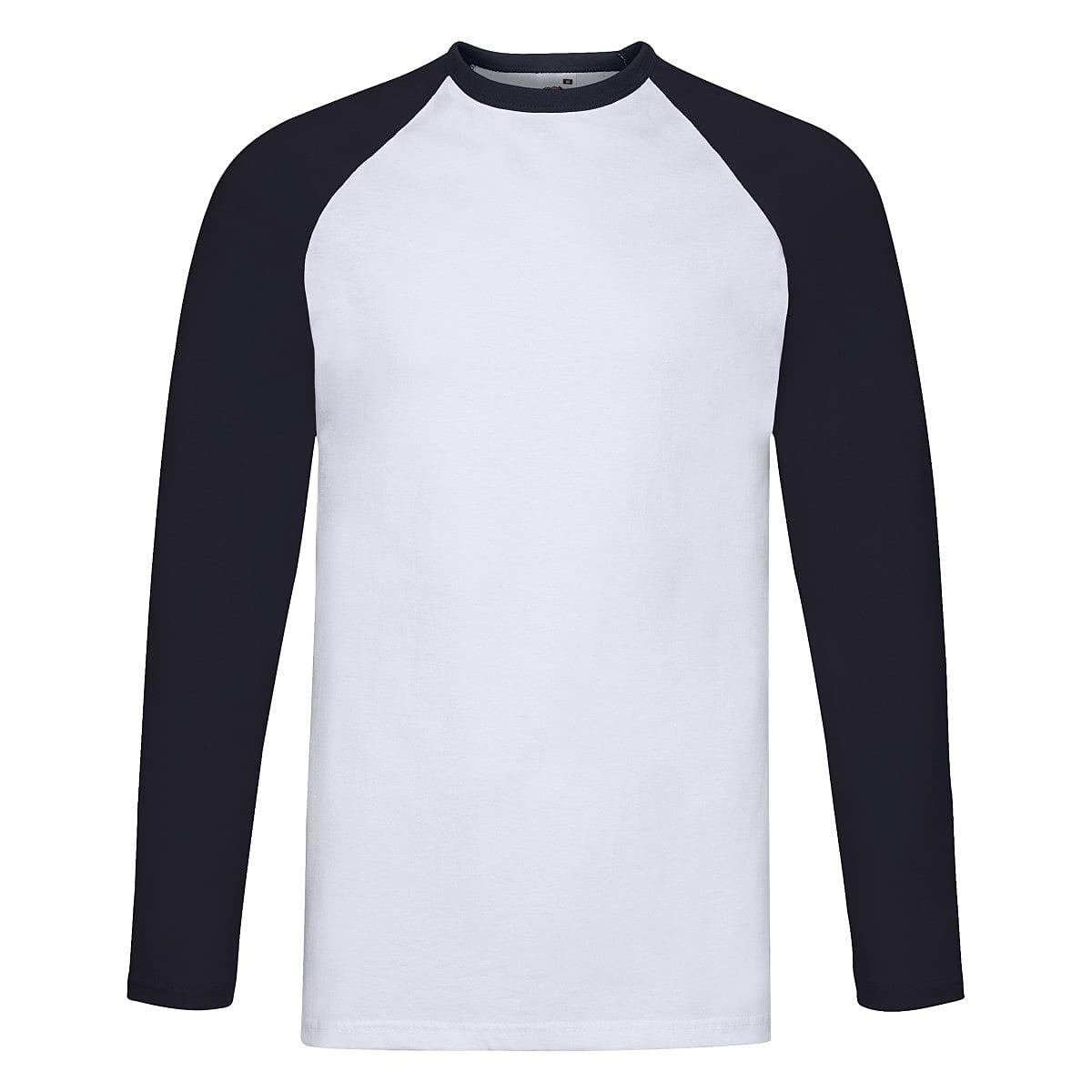 Fruit Of The Loom Long-Sleeve Baseball T-Shirt in White / Deep Navy (Product Code: 61028)