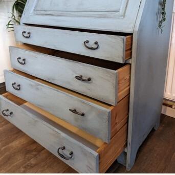 A Blue Upcycled Writing Bureau from a slight side angle with the drawers open