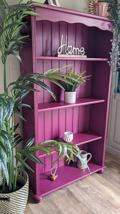 Pink painted bookcase angle view from left hand side