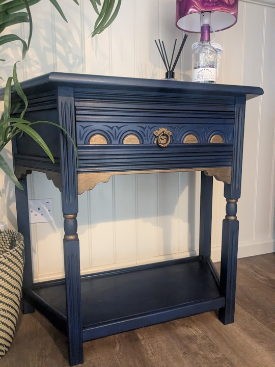 upcycled blue hallway table