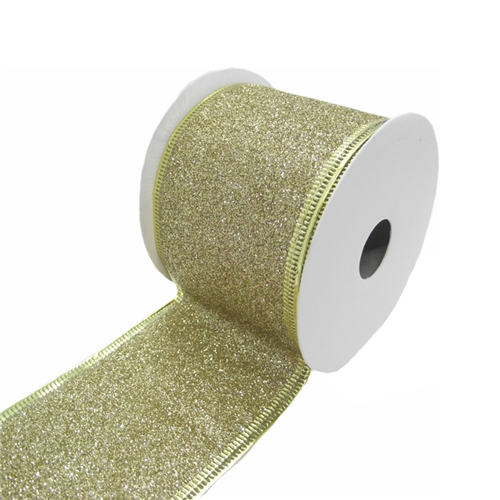 2.5 x 10 yds Cream Satin Ribbon with Gold Glitter Merry Christmas, Wired Christmas Ribbon