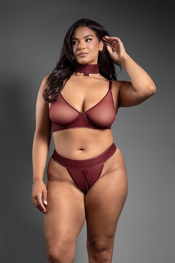 Burgundy Mesh & Faux Leather Bra & Panty