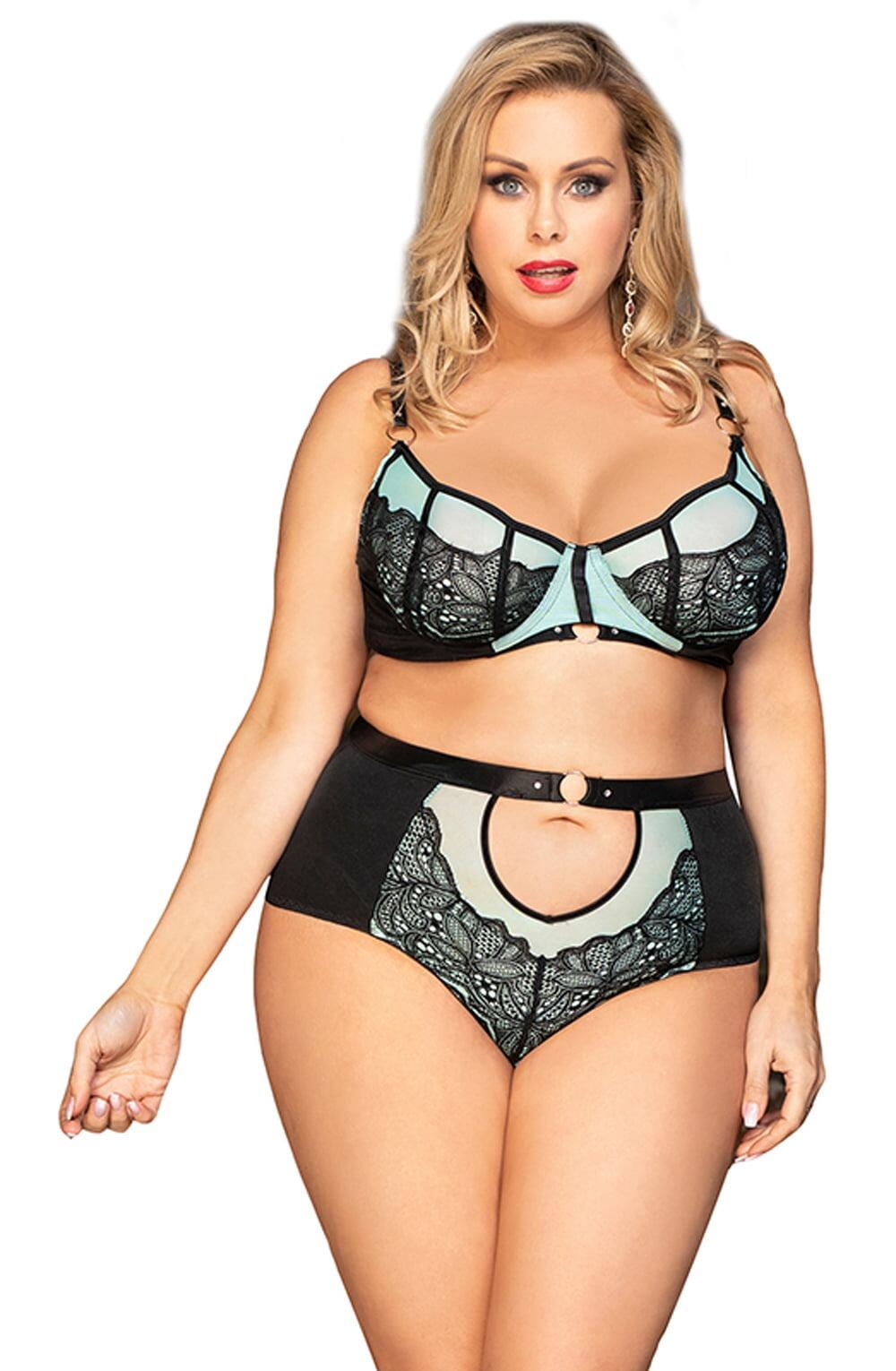 Blue Satin & Black Lace Bra Set front