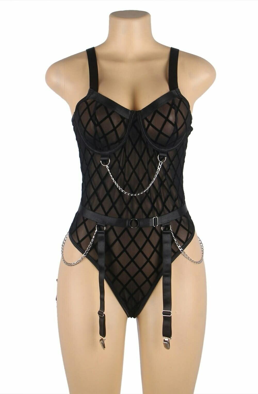 Sheer Mesh Bodysuit with chains front