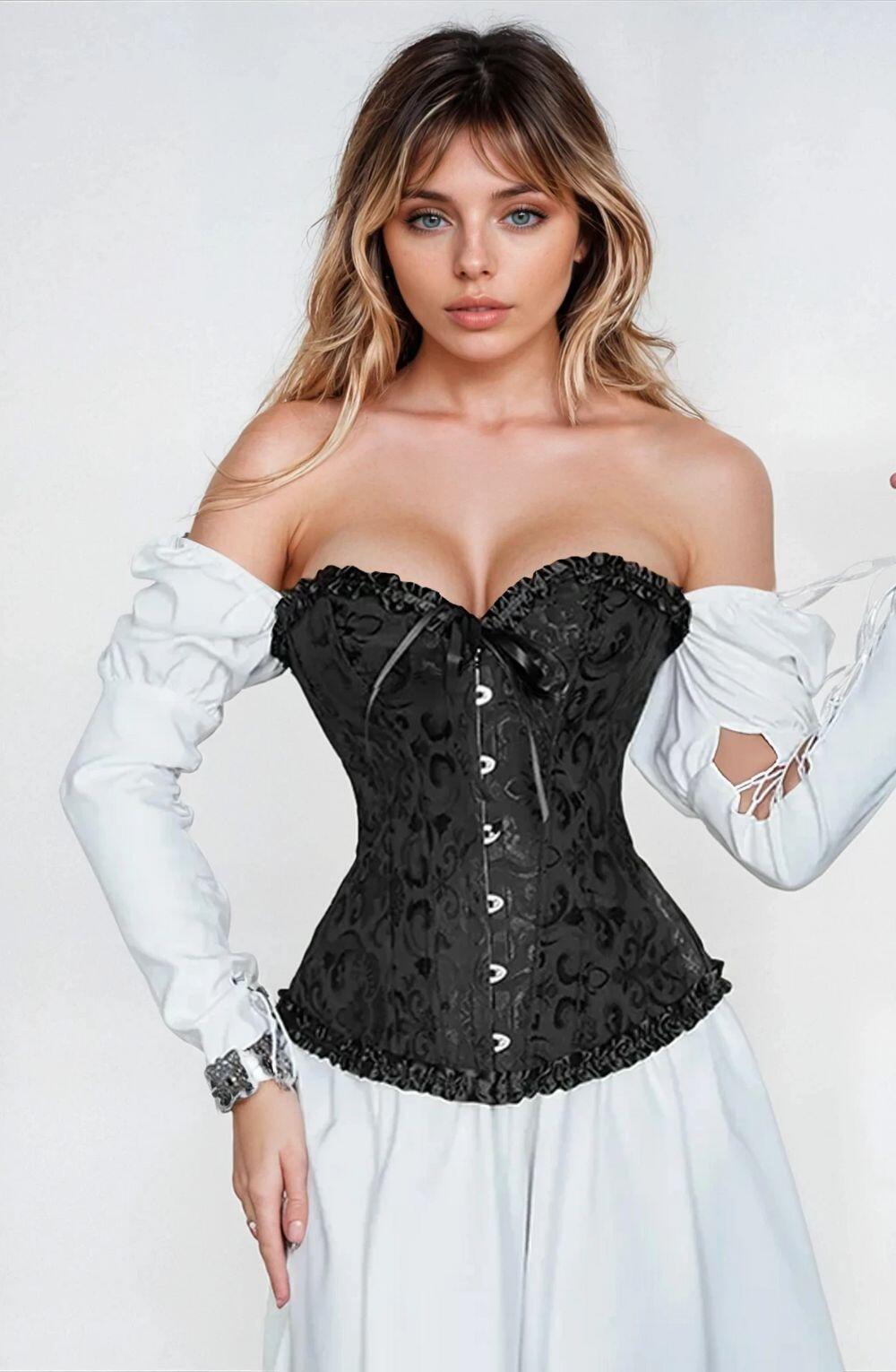 Plus Size Black Borcade Corset front