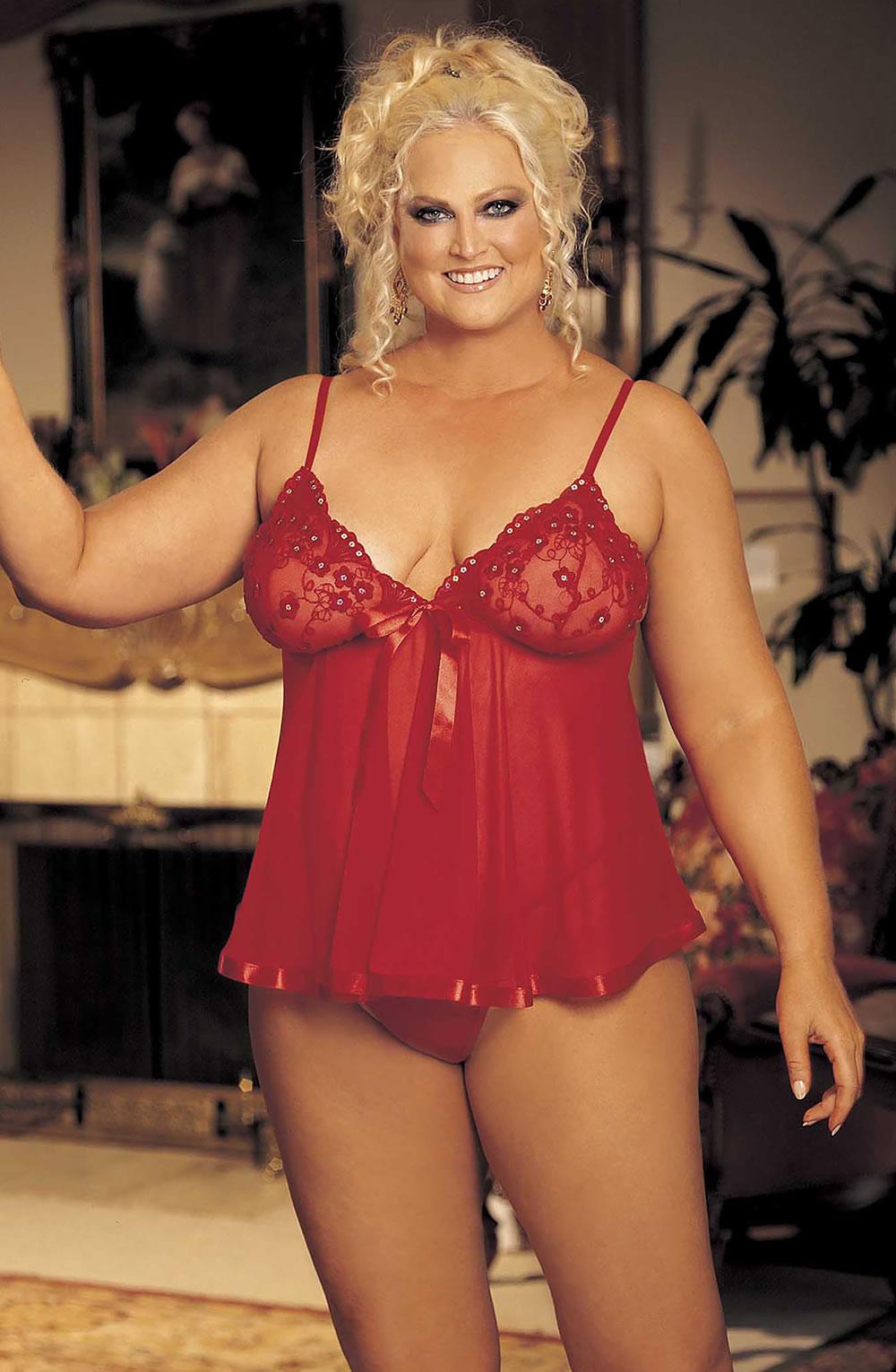 Red Plus Size Sheer Babydoll
