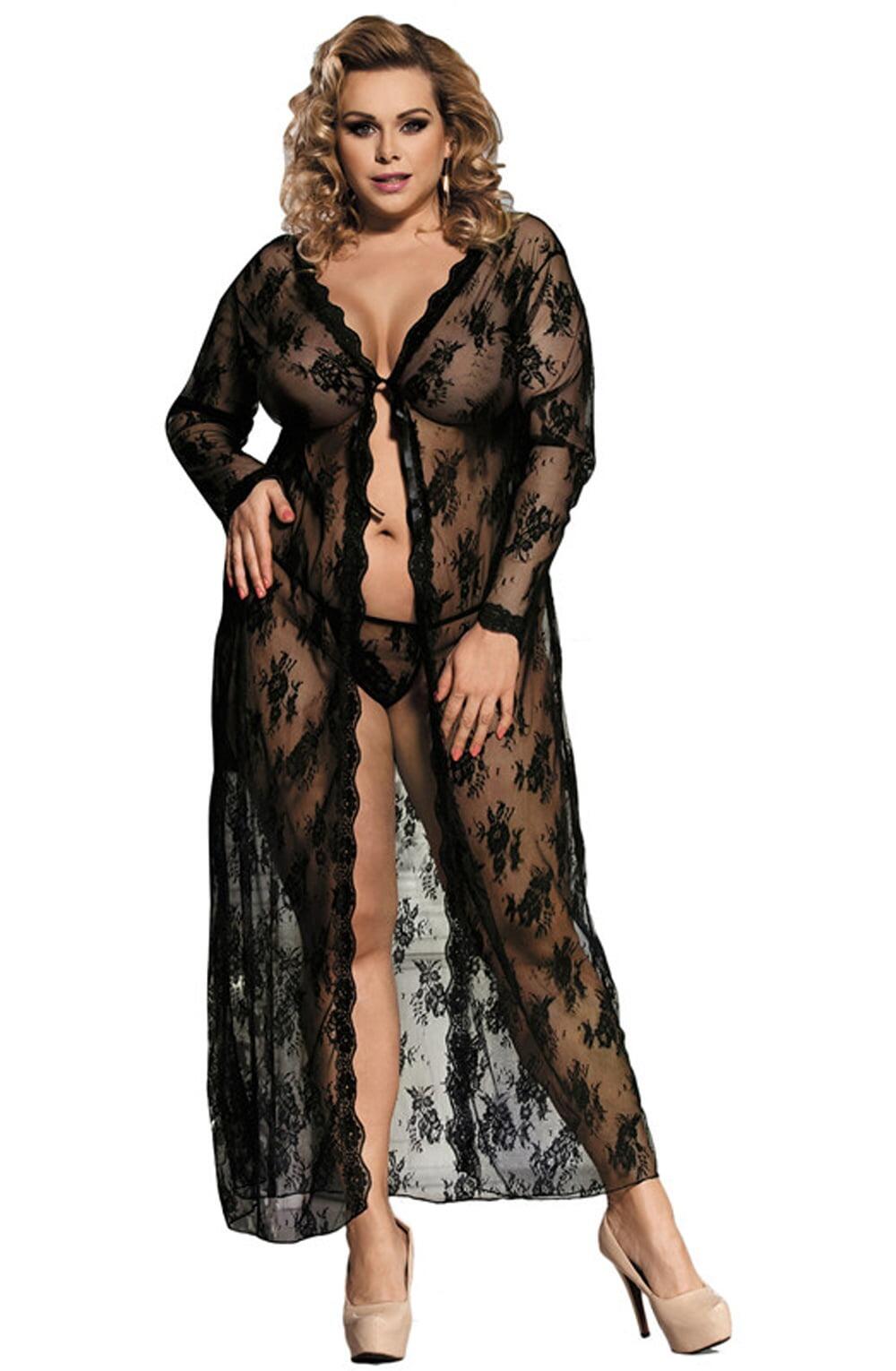 Black Lace Long Robe Set