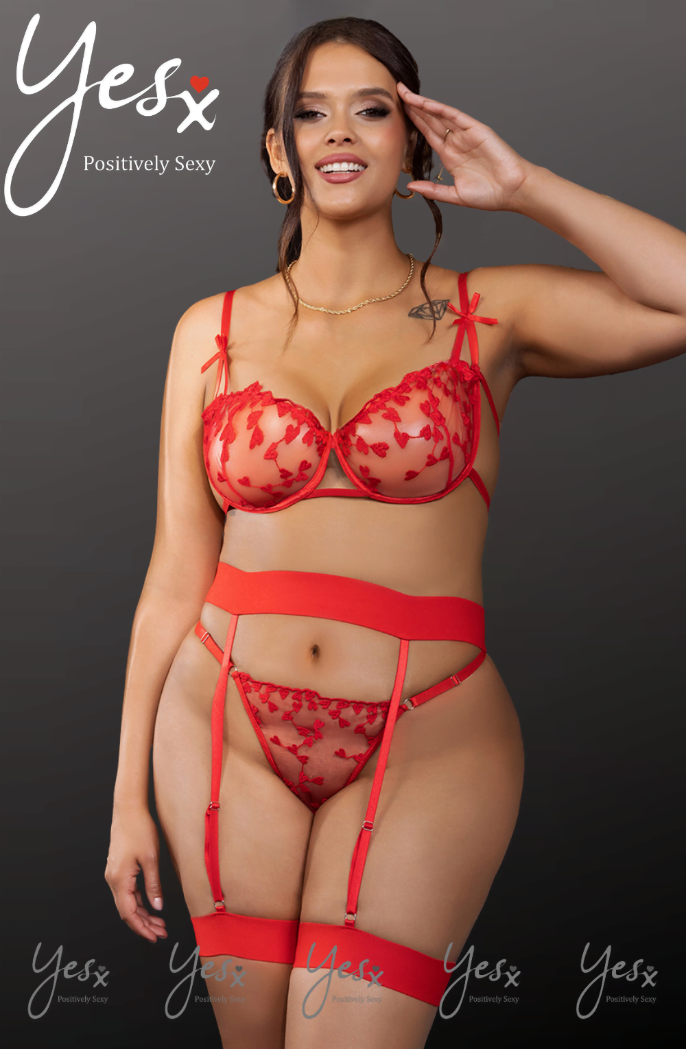 Plus Size Sheer Red 3 Piece Bra Set