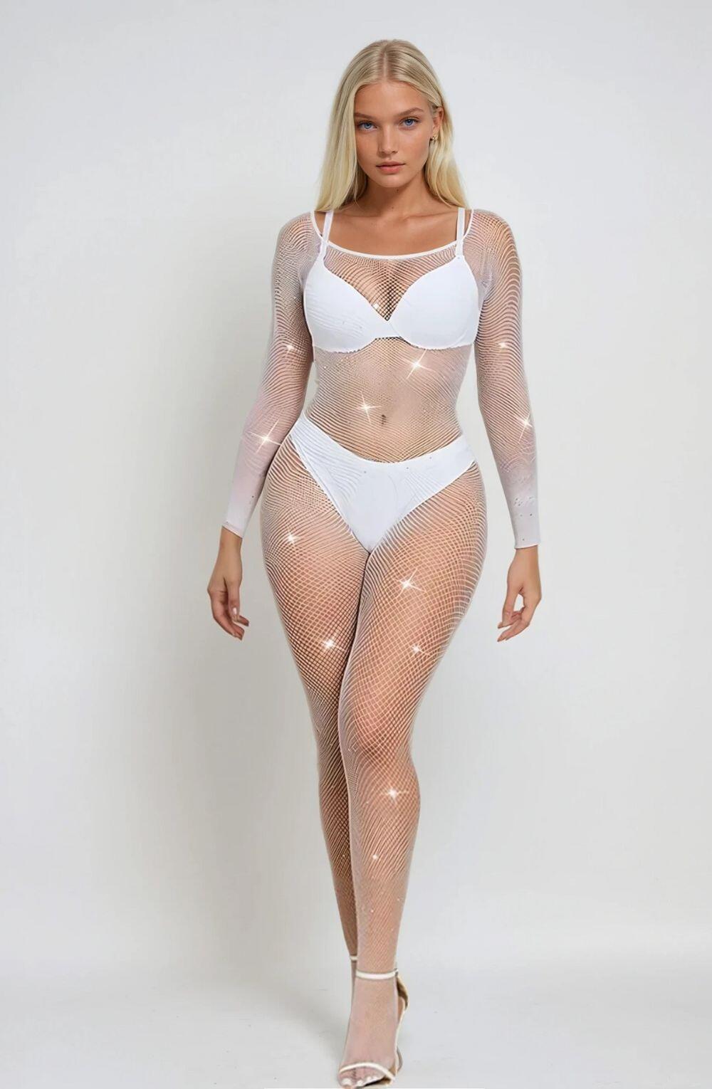 Diamante White Fishnet Bodystocking
