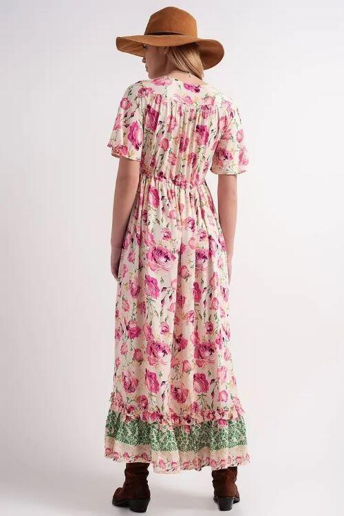 Pink Maxi Dress with Gold Lining and Flower Details