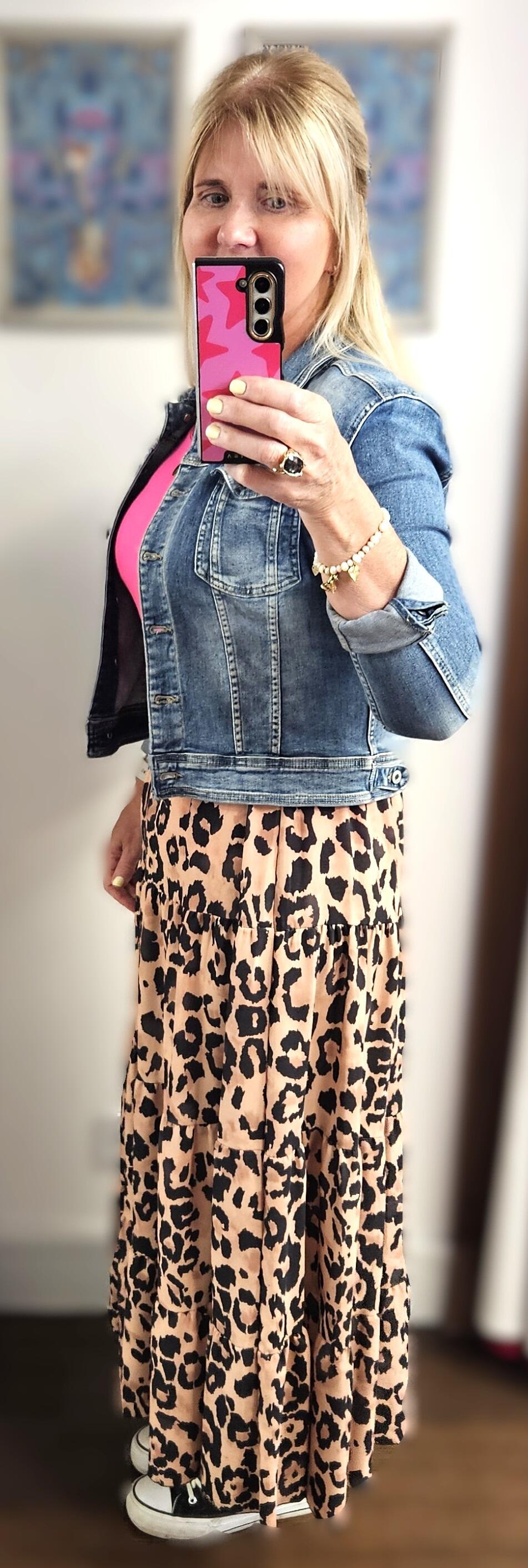 Leopard Print Silk Skirt With Purple Ostrich Trim