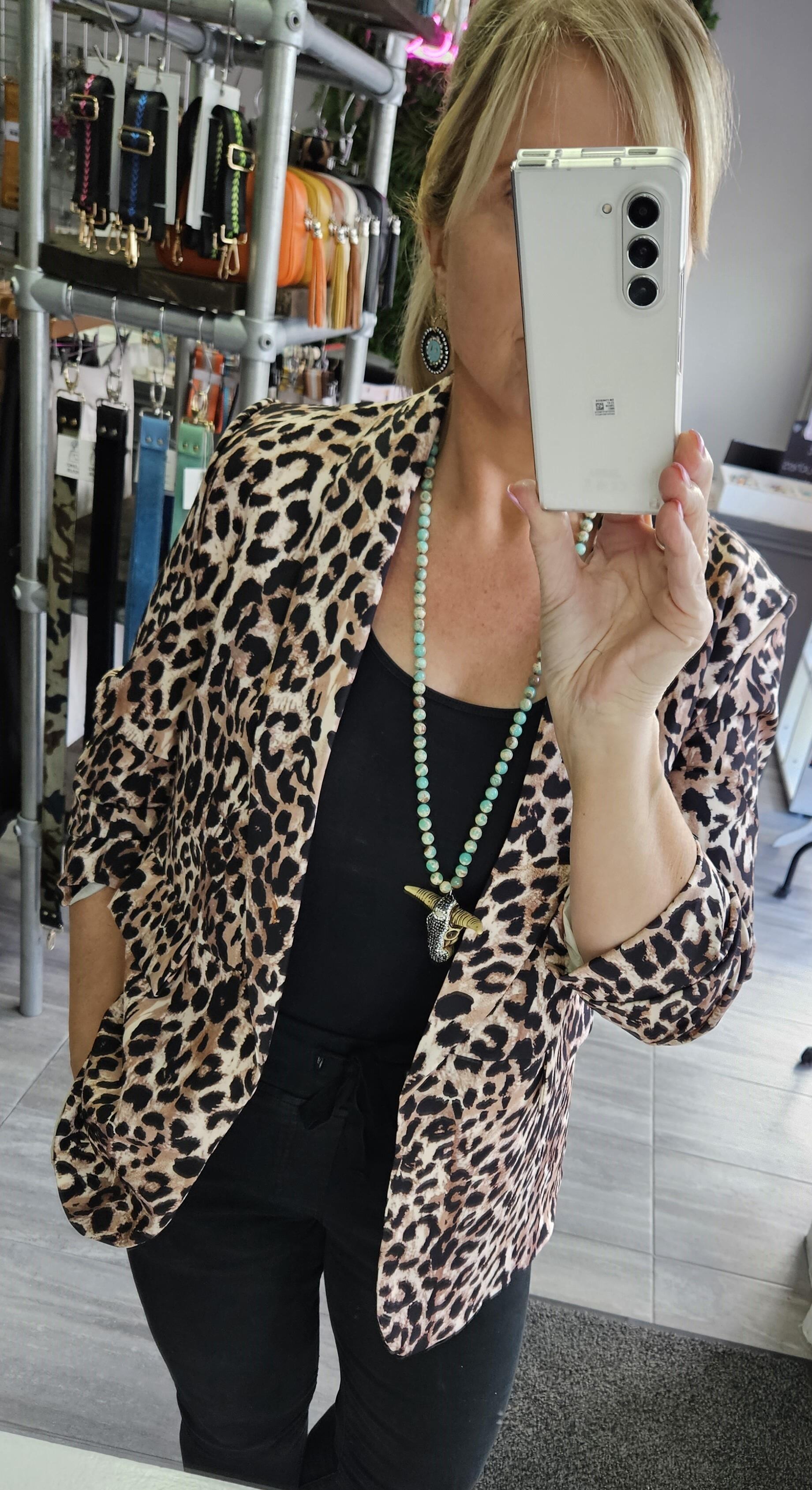 Leopard print ruched sleeve blazer