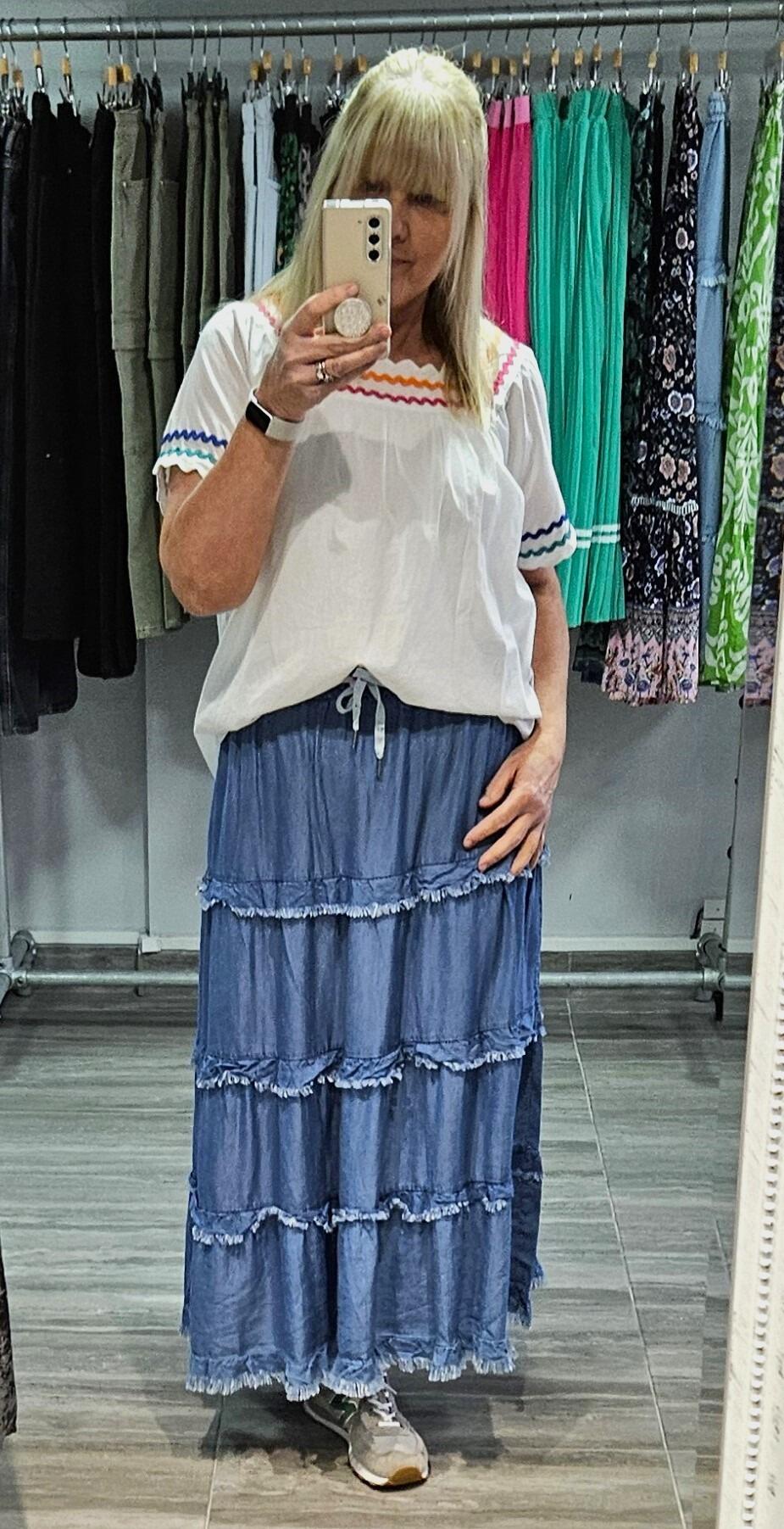 Frayed Denim Stripe Tapestry Mini Skirt