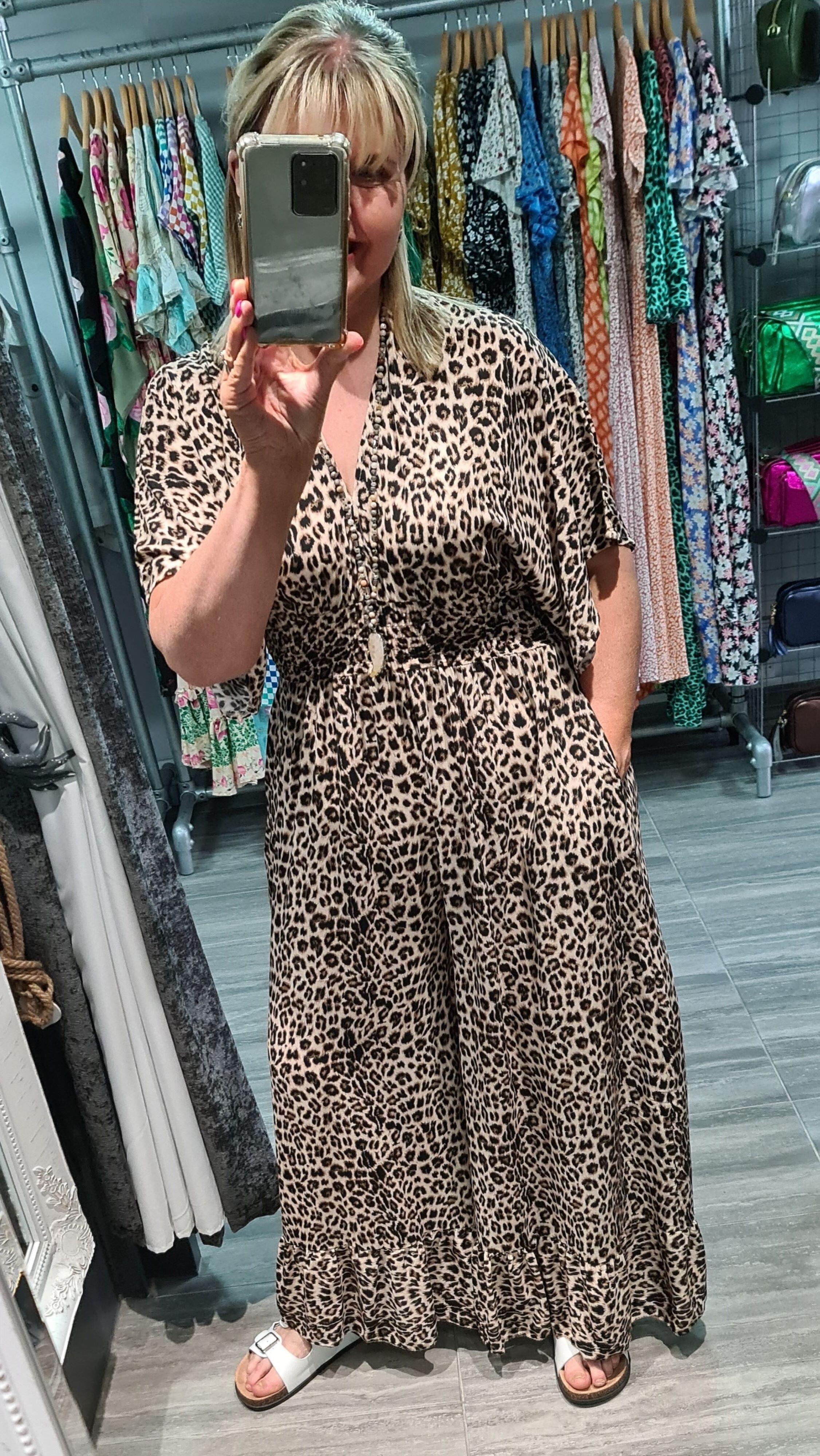 Boho Leopard Print Sheer Tie-Waist Relaxed Fit Wide-Leg Jumpsuit