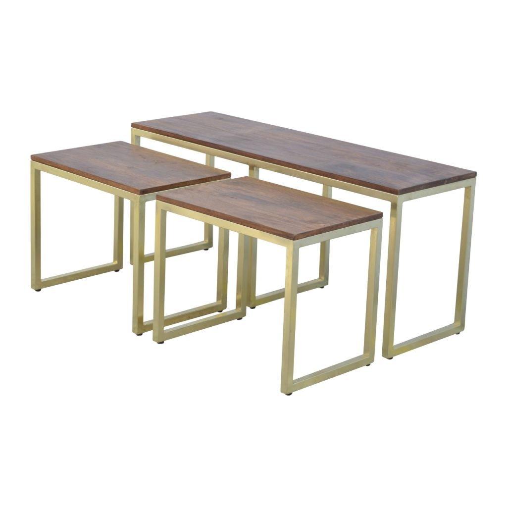 Solid Wood & Iron Gold Base Table Set of 3
