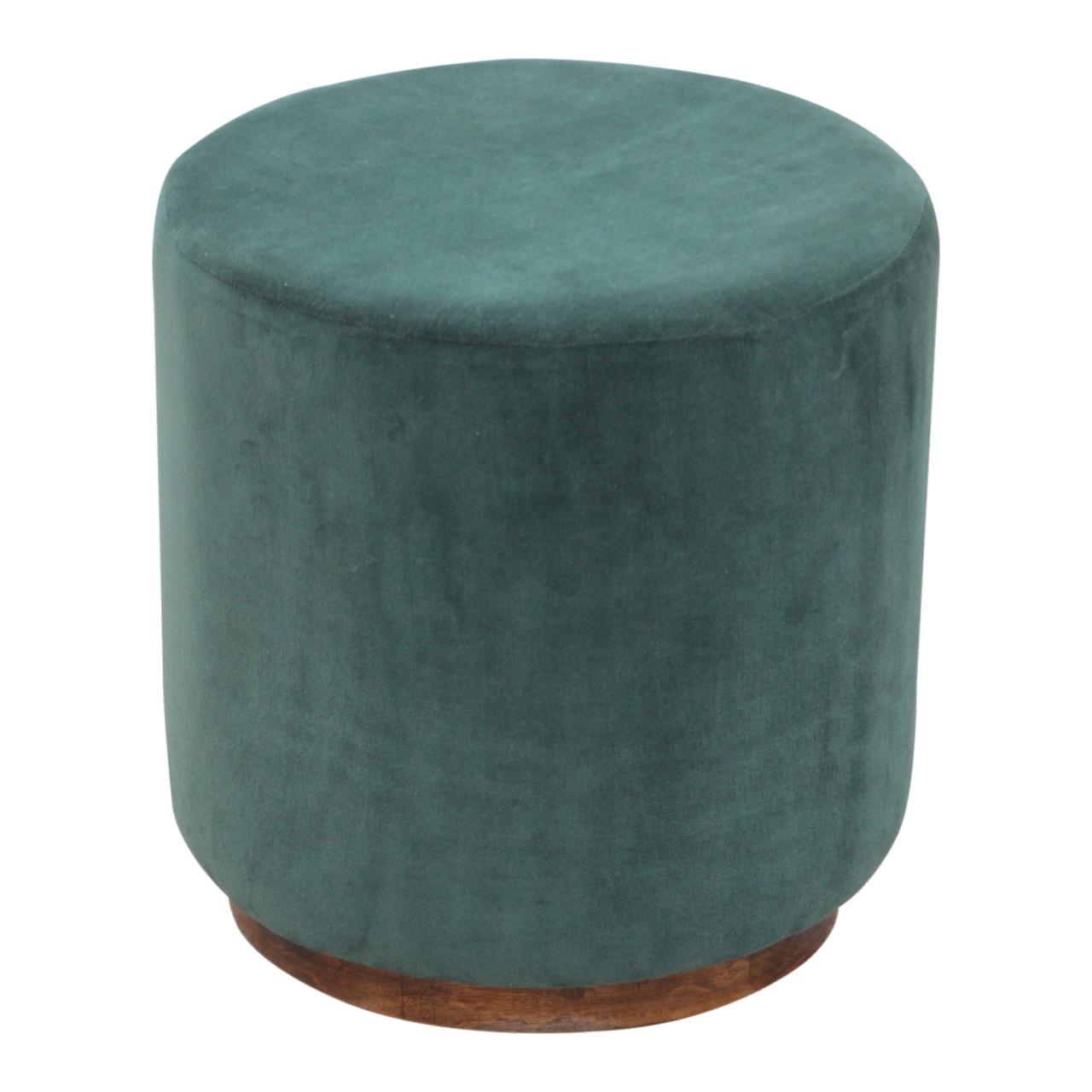 Emerald Green Velvet Footstool With Wooden Base