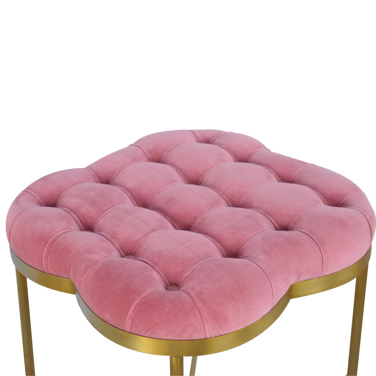 Pink Velvet Deep Button Footstool With Golden Base