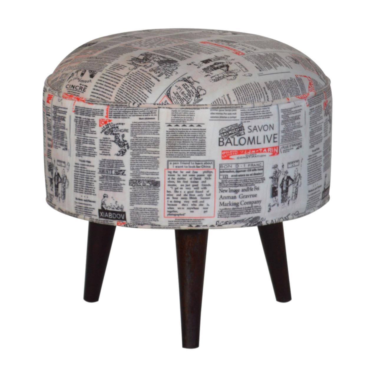 Round footstool with news print velvet