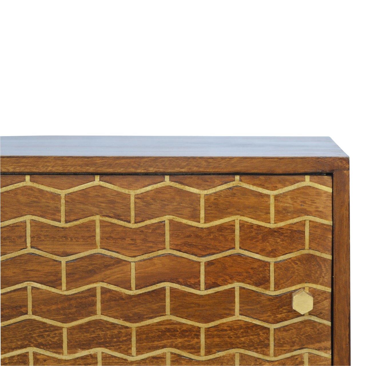 Chestnut Sliding Cabinet with Gold Patterned Door Front