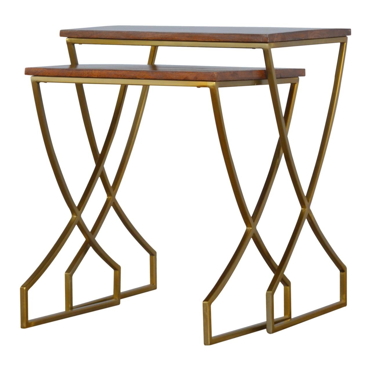Set Of 2 Nesting Tables With Golden Base And Wooden Tops