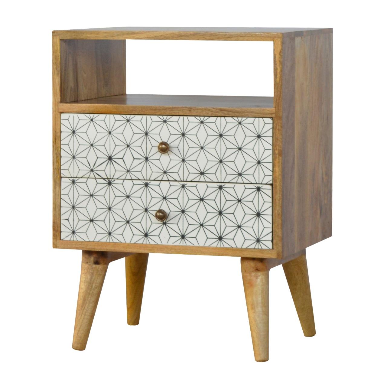 Geometric Screen Printed Bedside With Open Slot