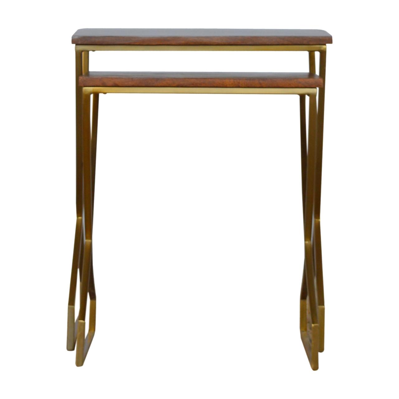 Set Of 2 Nesting Tables With Golden Base And Wooden Tops