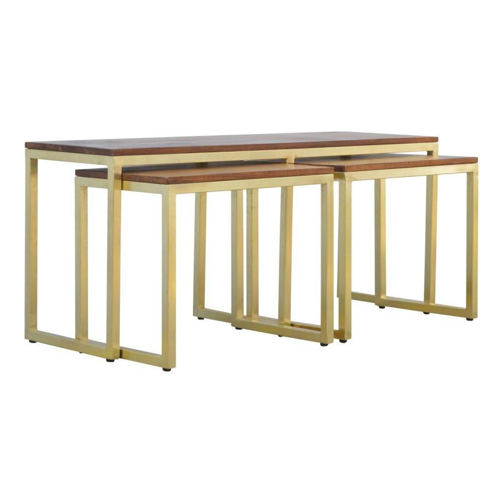 Solid Wood & Iron Gold Base Table Set of 3