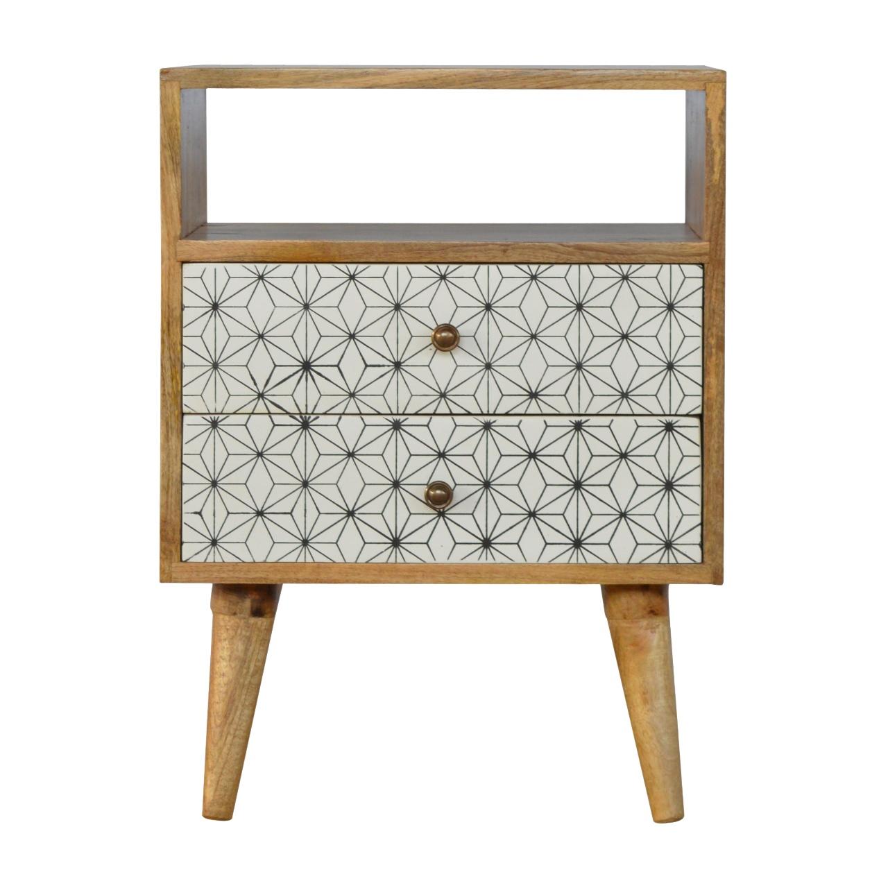 Geometric Screen Printed Bedside With Open Slot
