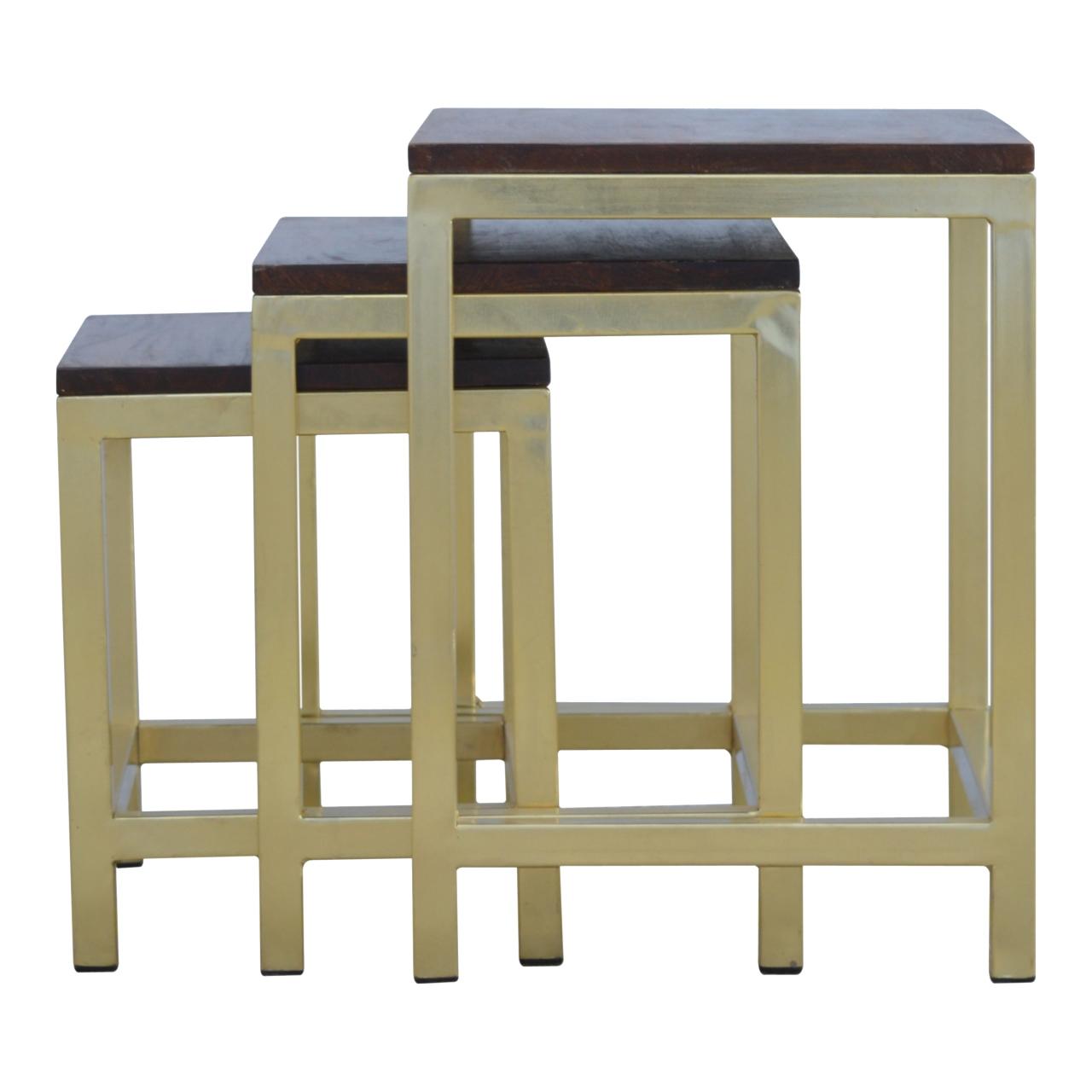Golden Stool Set of 3 with Chinky Wooden Top