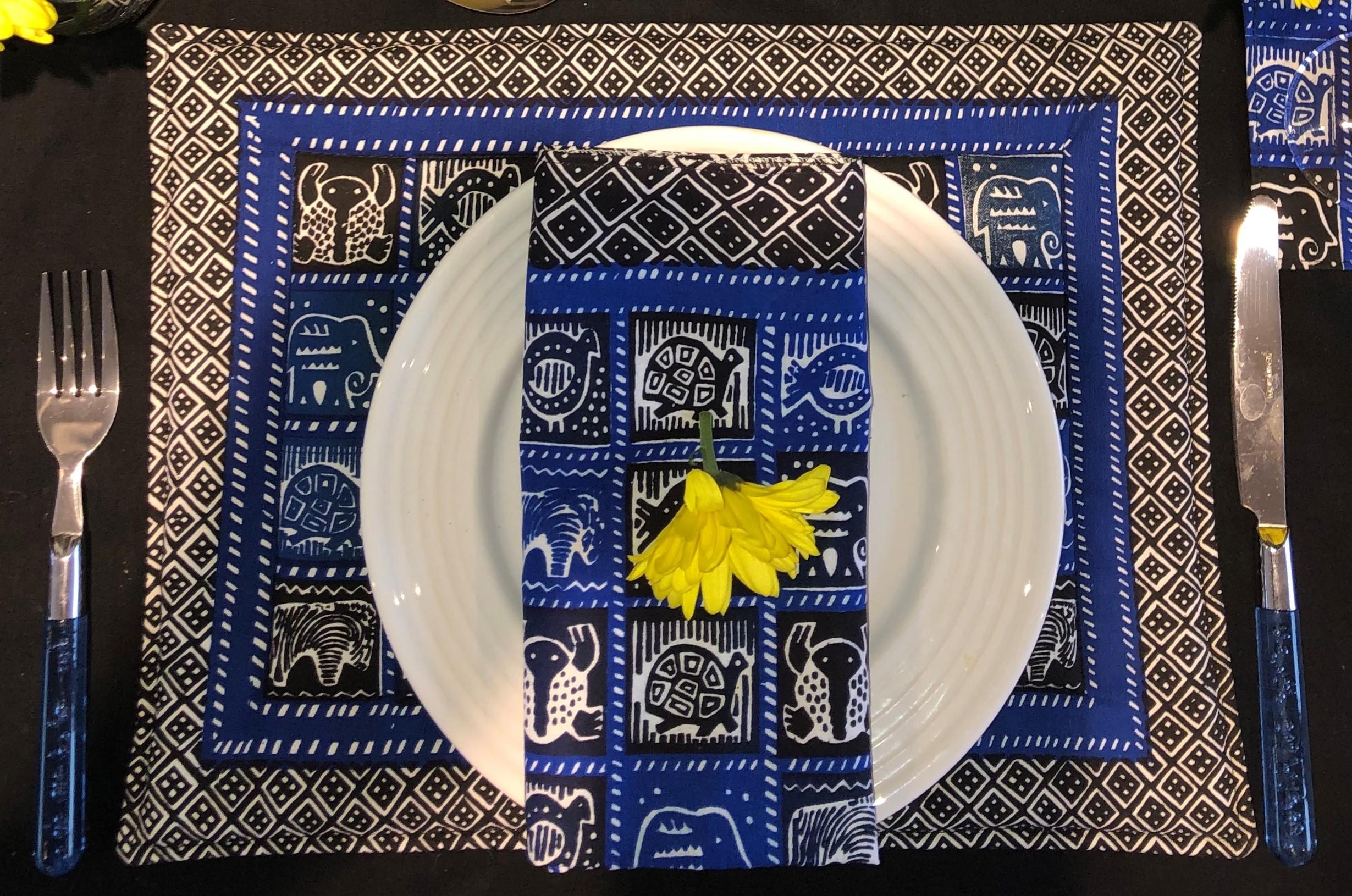 African Cloth Napkins, black and blue, handmade in Zimbabwe