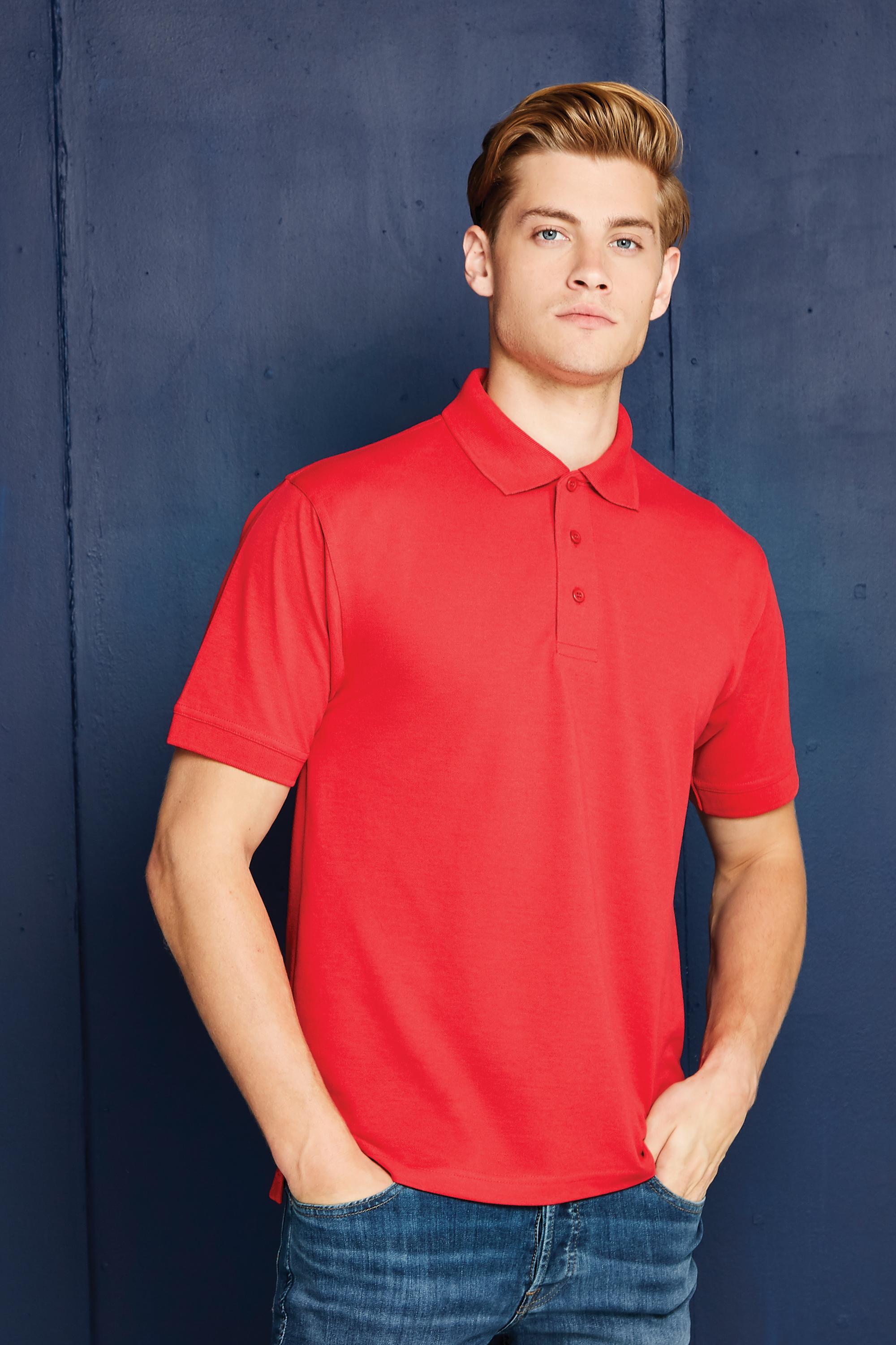 red kustom kit polo shirt model image