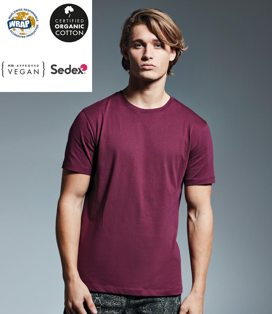 anthem organic t-shirt burgundy on model