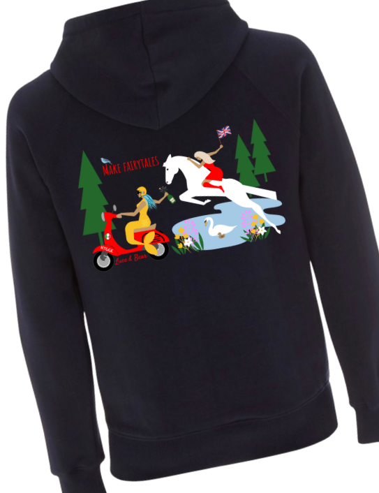 Close up of navy Make Fairytales hoodie