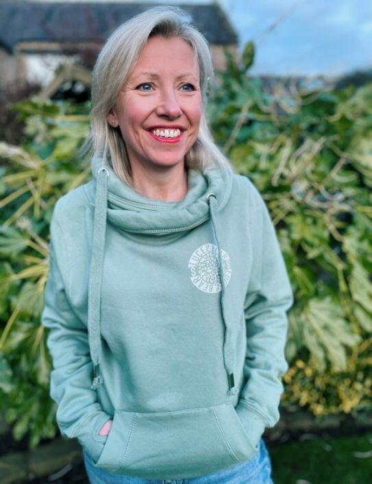 Woman wearing dusty green cross neck  Power Hoodie
