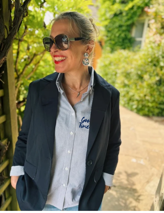 Woman wearing Navy Basic Blazer over Good Times Shirt