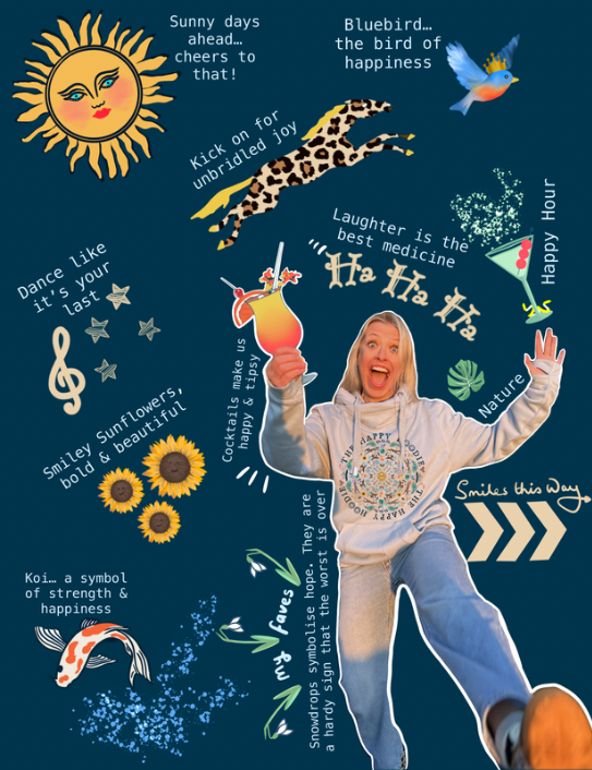 Woman surrounded by the symbols on the Happy Hoodie