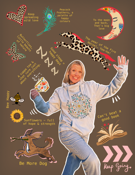 Woman surrounded by the symbols on the Happy Hoodie