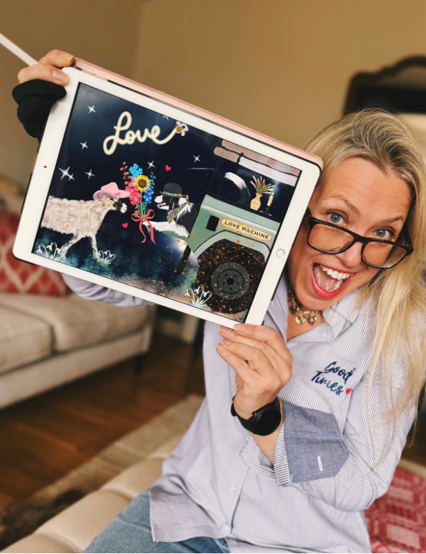 Woman holding tablet showing The Love Machine design