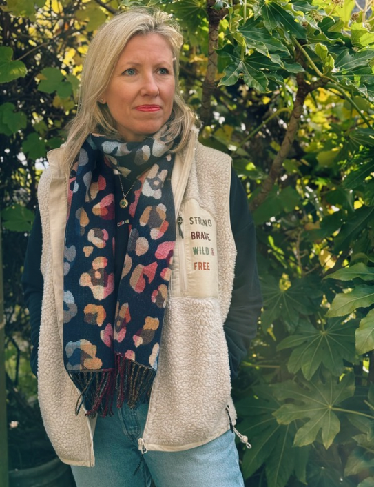 Woman wearing Navy Wild Side Cashmere blend scarf