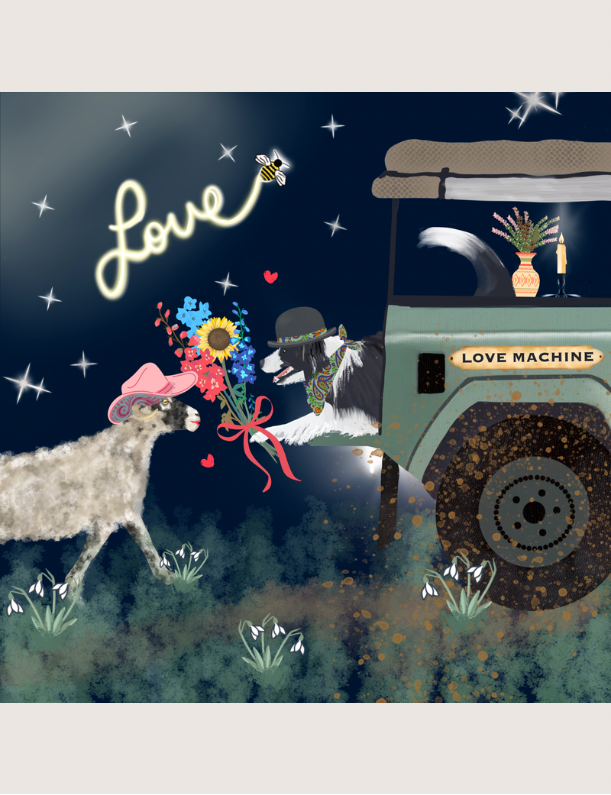 The Love Machine Card featuring a Sheep and Collie Dog