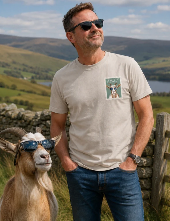 Man with a GOAT wearing GOAT T-shirt