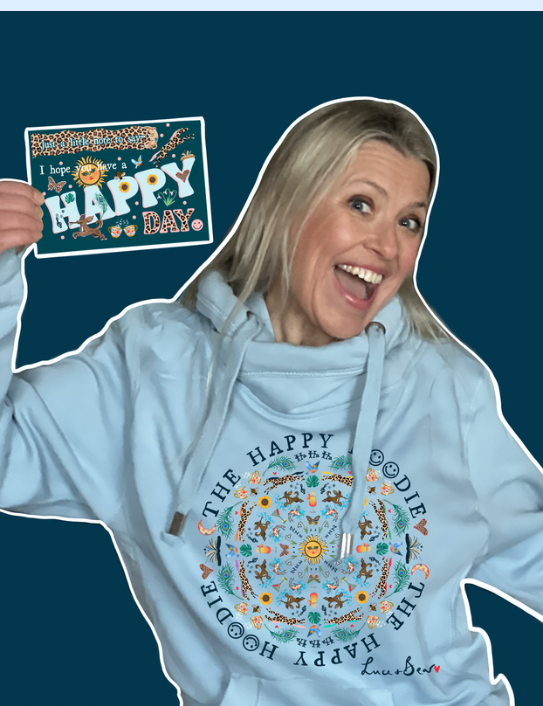Woman wearing pale blue Happy Hoodie